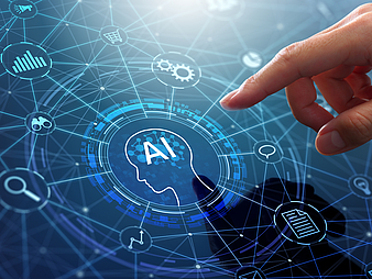 AI agent and generative artificial intelligence. Robotic processes automation and data analysis. Businessman touching head and AI icon on application network system. AI agent and generative artificial intelligence. Robotic processes automation and data analysis. Businessman touching head and AI icon on application network system.