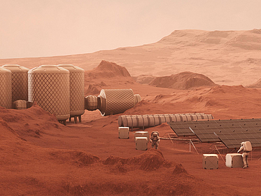Mars landscape with habitat in the background and astronauts working in the front