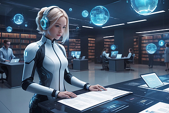 Weiblicher Roboter steht in einer Bibliothek vor einem Tisch mit einem geöffneten Buch