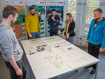 5 Personen beugen sich über einen Tisch und arbeiten an Flipcharts