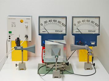 Mikrowellensender und -empfänger mit Plexiglasprimen und analogen Messinstrumenten