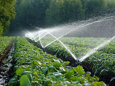 Organic farm field featuring lush green crops and an advanced irrigation system, showcasing the beauty of sustainable agriculture and efficient water management practices Pfllanzen auf einem Acker werden bewässert