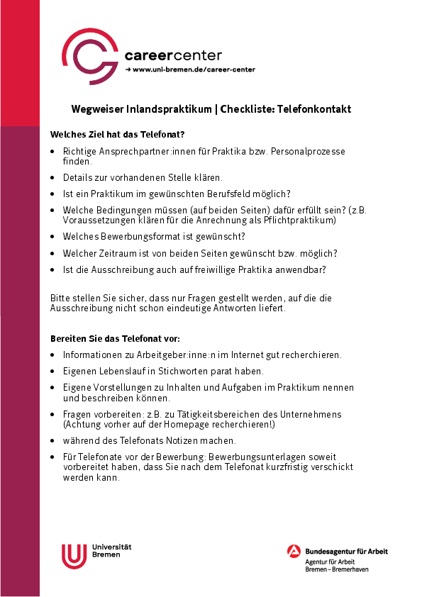 Checkliste: Telefonkontakt - Wegweiser Inlandspraktikum