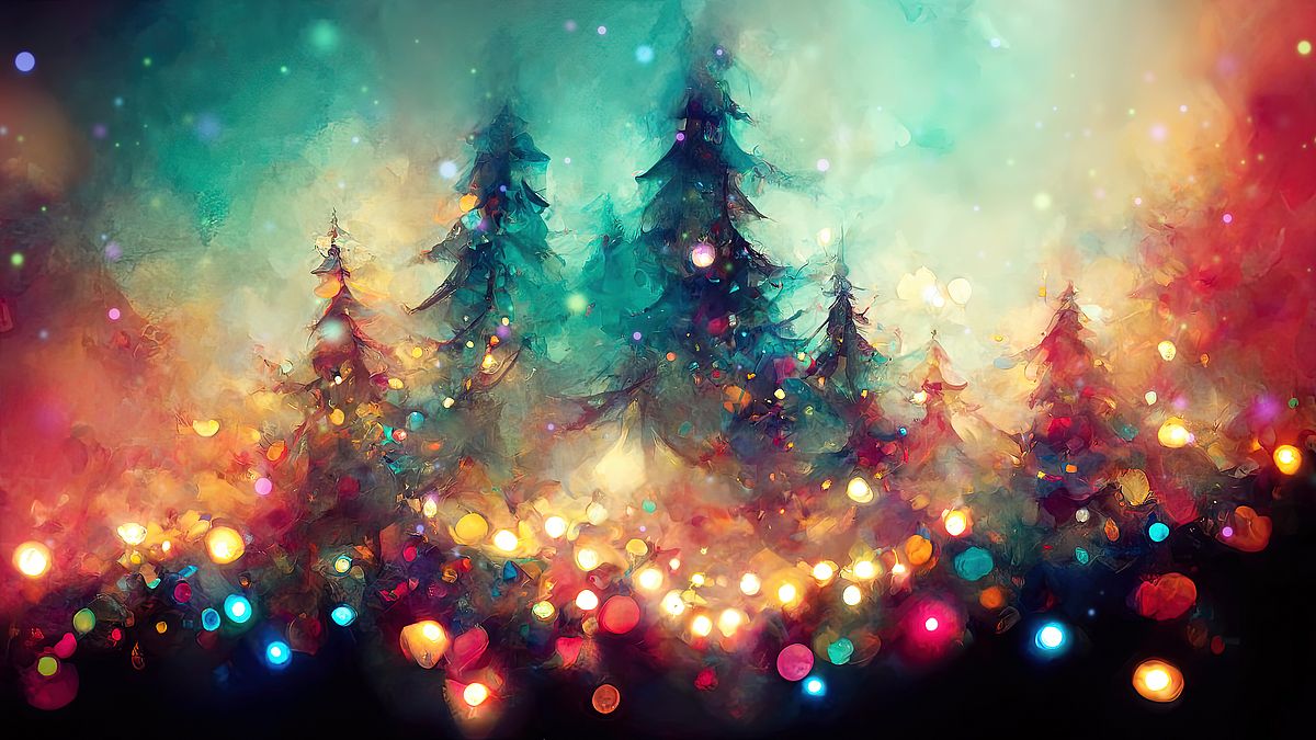 Weihnachtsschließung christmas, forest, christmas tree, decorated, advent, tree, watercolor, decoration, celebration, festive, gold, christmas eve, background, light, glowing, magical, fairy tale, fir, christmas time, winter, abstract, illustration, design