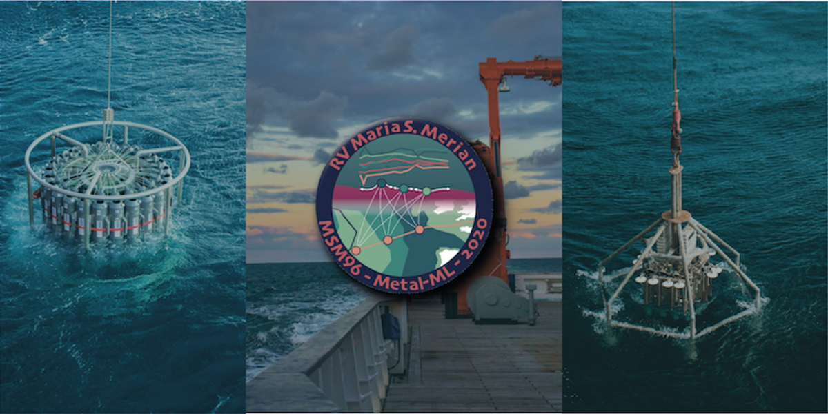 Three-panel image with a rosette water sampler being lowered into the water on the left, the R/V Merian expedition logo and view of the research vessel's foredeck at sunset in the center, and a metal rack of sediment samplers being lowered into the water on the right.