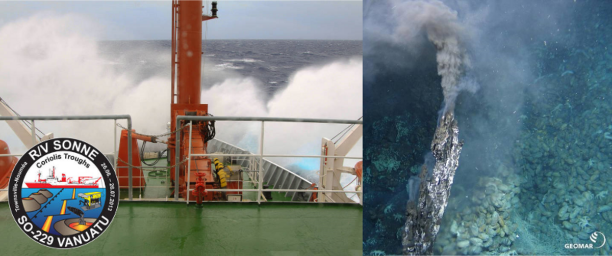 Zweigeteiltes Bild mit dem Blick aufs Vordeck des Forschungsschiffs Sonne, auf das Wellen schlagen auf der linken Seite und auf einen schwarzen Raucher in der Tiefsee auf der rechten Seite.