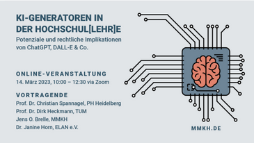 Logo für Online-Veranstaltung "KI-Generatoren in der Hochschul(lehr)e – Potenziale und rechtliche Implikationen von ChatGPT, DALL-E & Co."