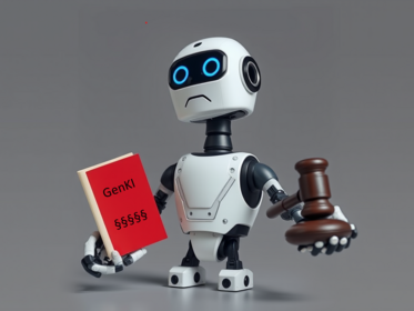 Ein Roboter hält in der einen Hand ein Buch mit dem Titel GenKi §§§§ und in der anderen Hand einen jursitischen Hammer