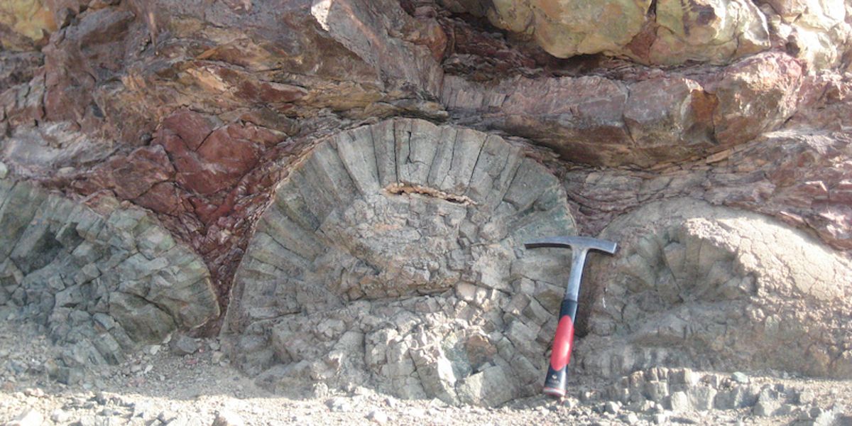 Detailaufnahme einer im Felsen angeschnittenen Kissenlava im Oman. Zum Größenvergleich liegt neben der Kissenlava ein Geologenhammer.