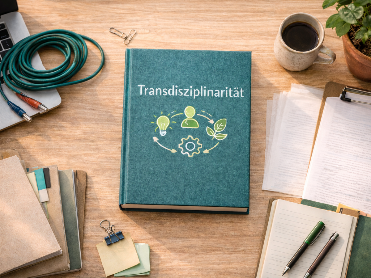 Ein Buch über Transdisziplinarität liegt auf einem Schreibtisch