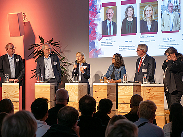 Von links nach rechts: Dipl.-Ing. Nils Schnorrenberger (Geschäftsführer BIS Bremerhaven), Sven Wiebe (Staatsrat für Wirtschaft bei der Senatorin für Wirtschaft, Häfen und Transformation), Prof. Dr. Jutta Günther, Rektorin der Universität Bremen, Manuela Weichenrieder-Rudershausen (Moderatorin), Eduard Dubbers-Albrecht (Präses Handelskammer Bremen) und Irene Strebl (Staatsrätin für Wissenschaft bei der Senatorin für Umwelt, Klima und Wissenschaft).