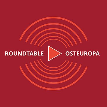 Red waves at the top and bottom. In the middle is a play button on the left hand side is a text which says Roundtable and on the right hand says is a text which says Osteuropa