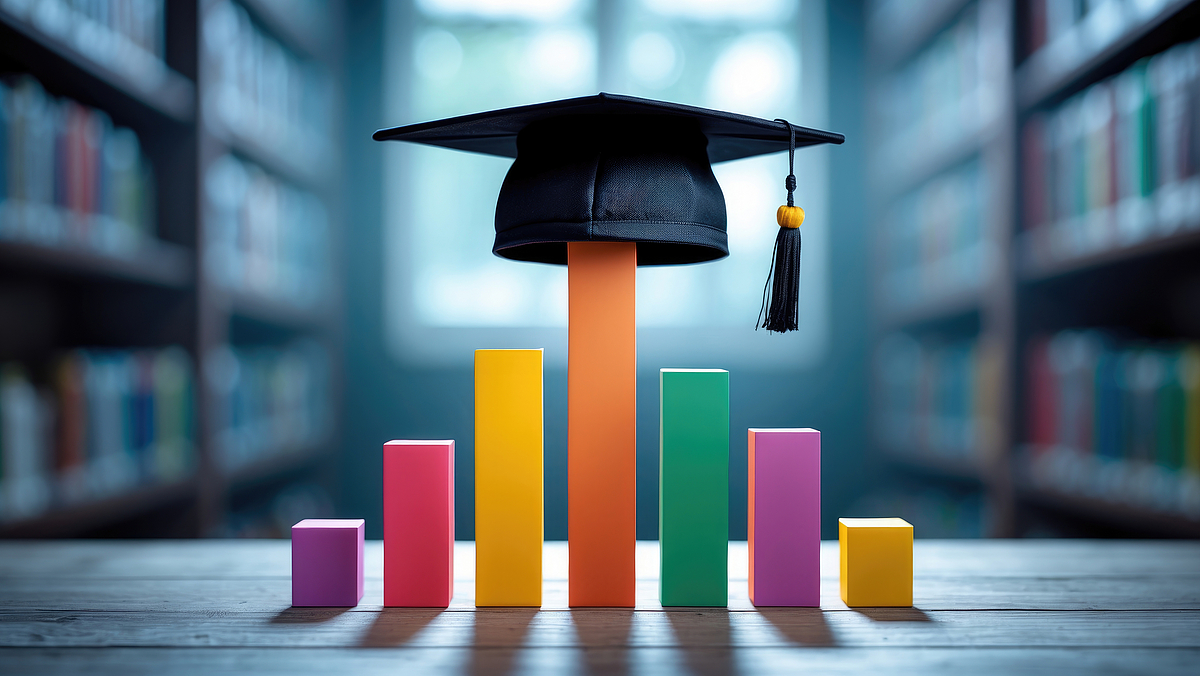 AdobeStock_oN2bzJ.jpg Balken Diagramm auf Tisch mit Abschluss Hut