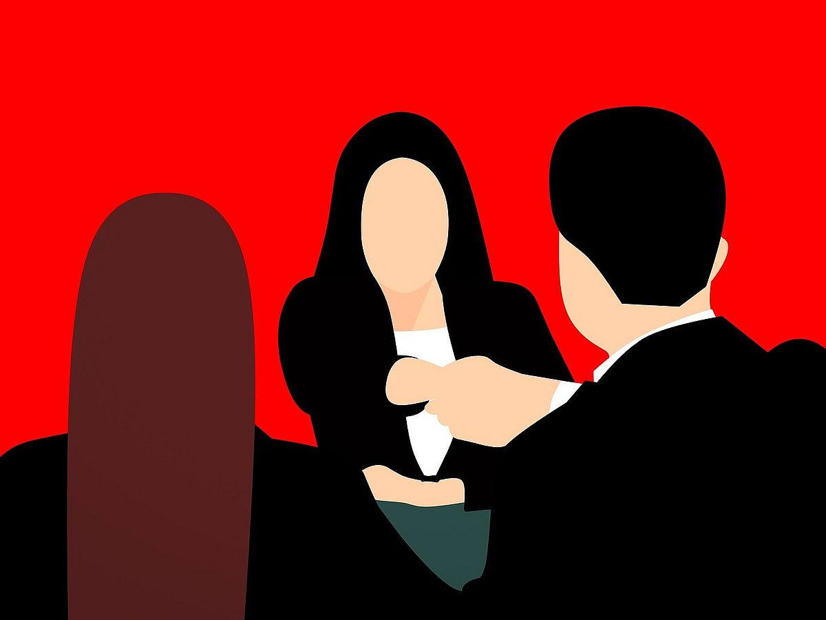 Interviewsituation Ein Ehepaar wird interviewt - Bild im Comicstil