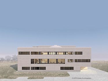 Exterior view of the planned research building; it is three stories tall, has a flat roof, and features large windows.