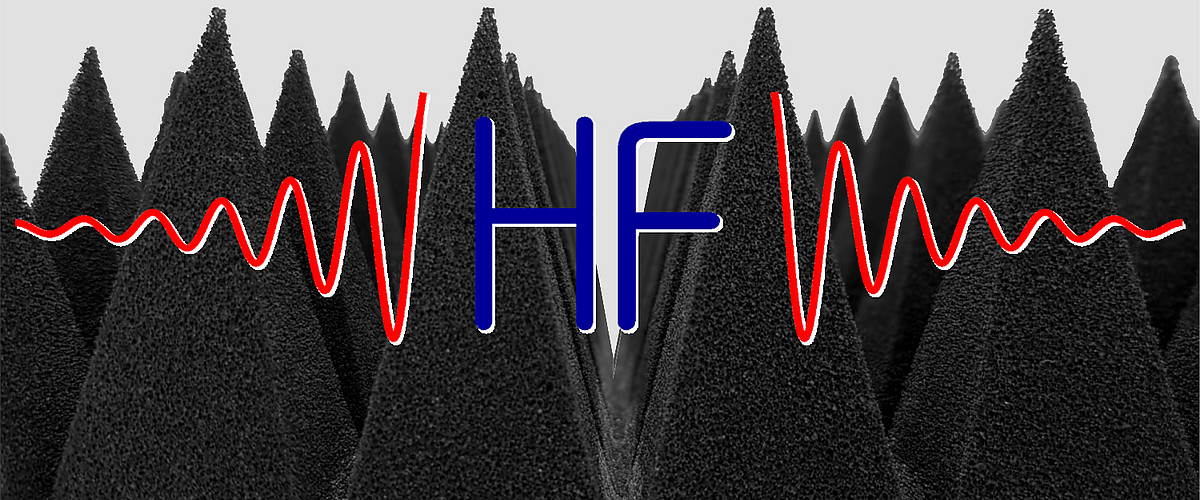 Logo der Abteilung Hochfrequenztechnik mit Pyramidenabsorbern im Hintergrund