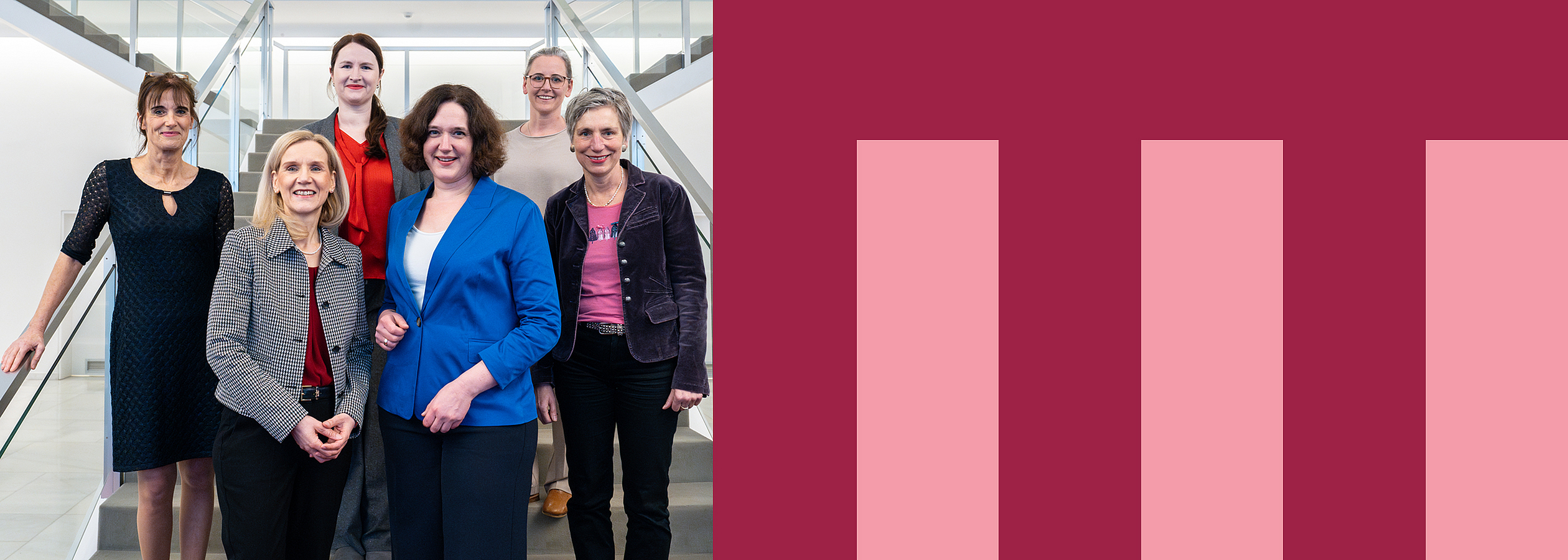 Celebrating the return of sports science degree programs: Professor Jutta Günther, Kathrin Moosdorf, Professor Ingrid Darmann-Finck (front row, from left to right), Professor Ina Hunger, Professor Jana Semrau, and Professor Cornelia Frank (back row, from left to right). essorin Ingrid Darmann-Finck (vordere Reihe, von links nach rechts), Professorin Ina Hunger, Professorin Jana Semrau und Professorin Cornelia Frank (hintere Reihe, von links nach rechts) stehen auf einer Treppe und schauen in die Kamera