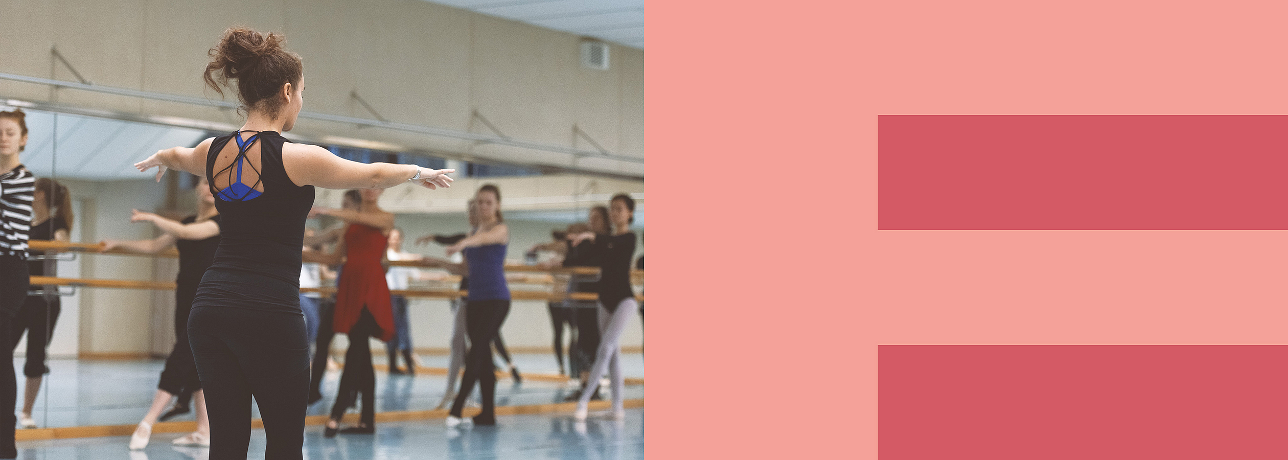 Several people dance ballet in a room with a mirrored wall