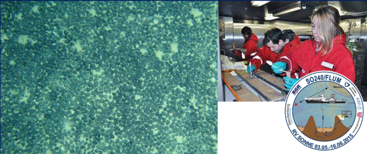 Split image showing a manganese nodule field in the deep sea on the right and scientists sitting at a table aboard the ship with semi-plastic tubes containing sediment cores being sampled.
