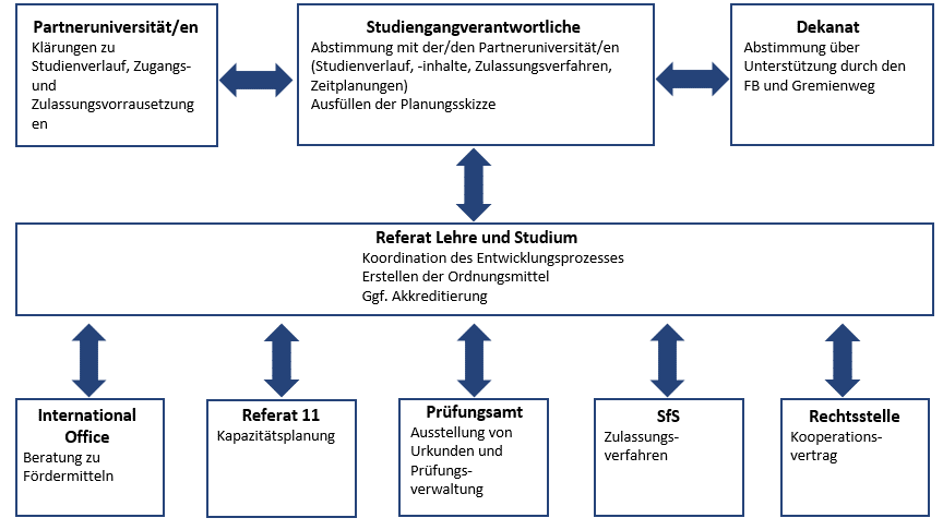 Akteur:innen der internationalen Studiengangentwicklung Zu sehen sind die Akteur:innen der internationalen Studiengangentwicklung. Die Entwicklung ist ausgehend von den Studiengangverantwortlichen, die in direktem Kontakt mit der/den Partnern, sowie dem eigenen Dekanat stehen. Zentral wird der Prozess durch das Referat Lehre und Studium koordiniert, über das weitere Verwaltungseinrichtungen involviert werden. Hier werden das International Office, Referat 11, Prüfungsamt, Sekretariat für Studierende und die Rechtsstelle und deren Aufgaben verknüpft.