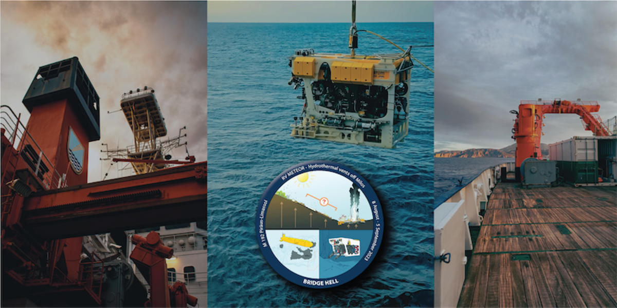 Three-part image with the view up to the smokestack of the research vessel Meteor and the smoke-shrouded sky on the left, the yellow, remote-controlled underwater vehicle MARUM SQUID on the hook of the ship's crane being lowered into the water and the logo of the expedition in the center, and the view of the deserted foredeck of the ship with the island of Milos at sunset in the background on the right.