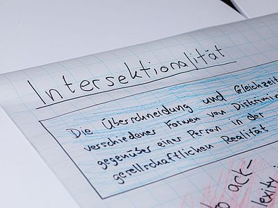 Zettel auf Tisch mit Definition von Intersektionalität