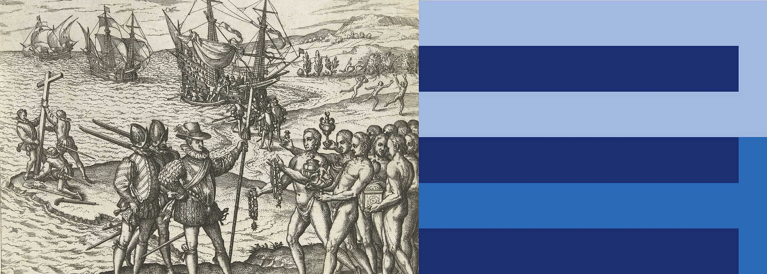 Historischer Stich der Ankunft des Christoph Columbus in Amerika von Theodor de Bry