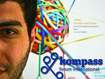 Die linke Gesichtshälfte eines Mannes vor dem Logo der Initiative kompass international