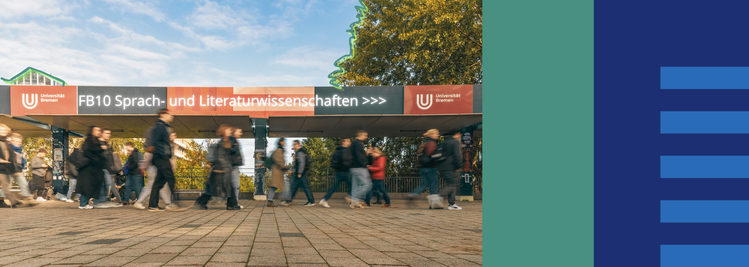 Menschen eilen über den Campus, ein Pfeil weist in Richtung des Fachbereich 10.