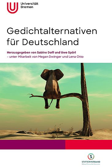 Cover der Anthologie mit einem Elefanten, der mit dem Rücken zum Betrachter in die Ferne einer Wüste schaut. Er sitzt auf dem Ast eines Baums