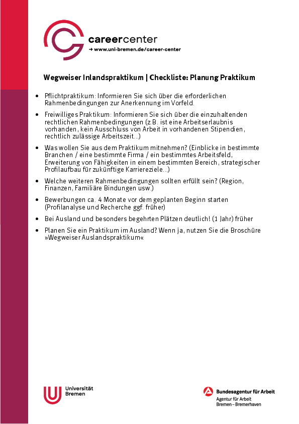 Checkliste: Planung Praktikum- Wegweiser Inlandspraktikum