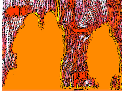 drei schemenhafte Personen zu Flächen verformt mit ineinander fließenden Linie im Hintergrund